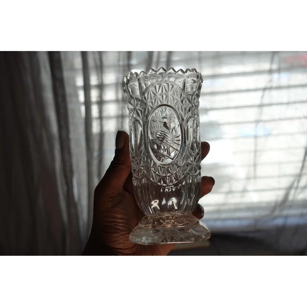 Vintage Hofbauer Byrdes Germany lead crystal vase sawtooth edges and etched bird